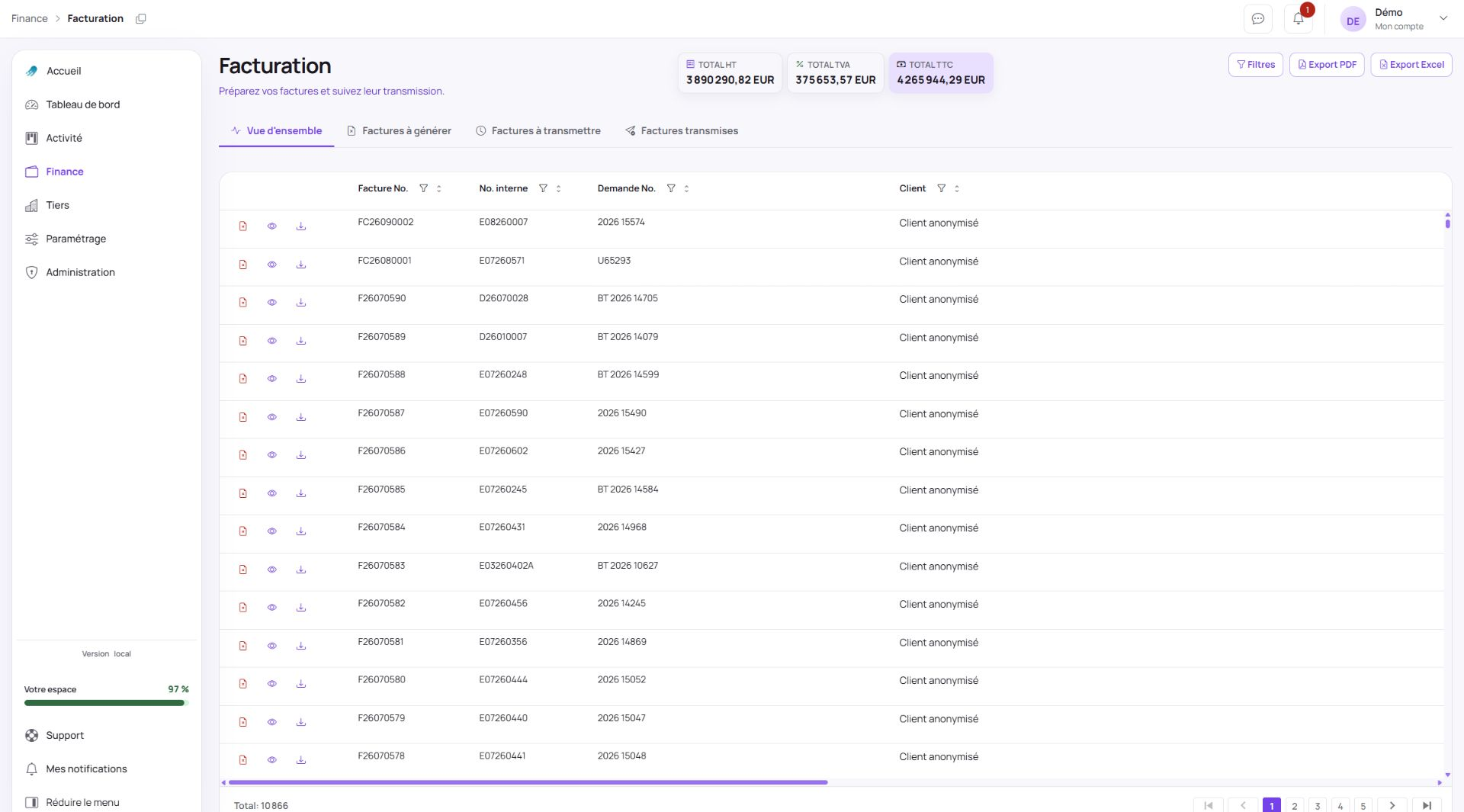 Liste de factures anonymisée dans le module Finance de moniThor
